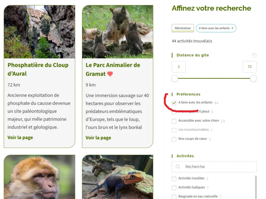 Sélecteur d'activités du Pech de Vigne avec l'option "enfants" cochée