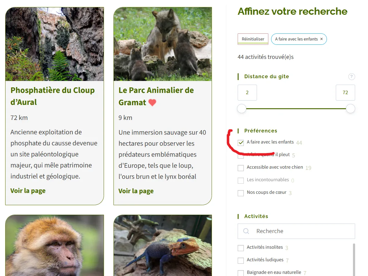 Sélecteur d'activités du Pech de Vigne avec l'option "enfants" cochée