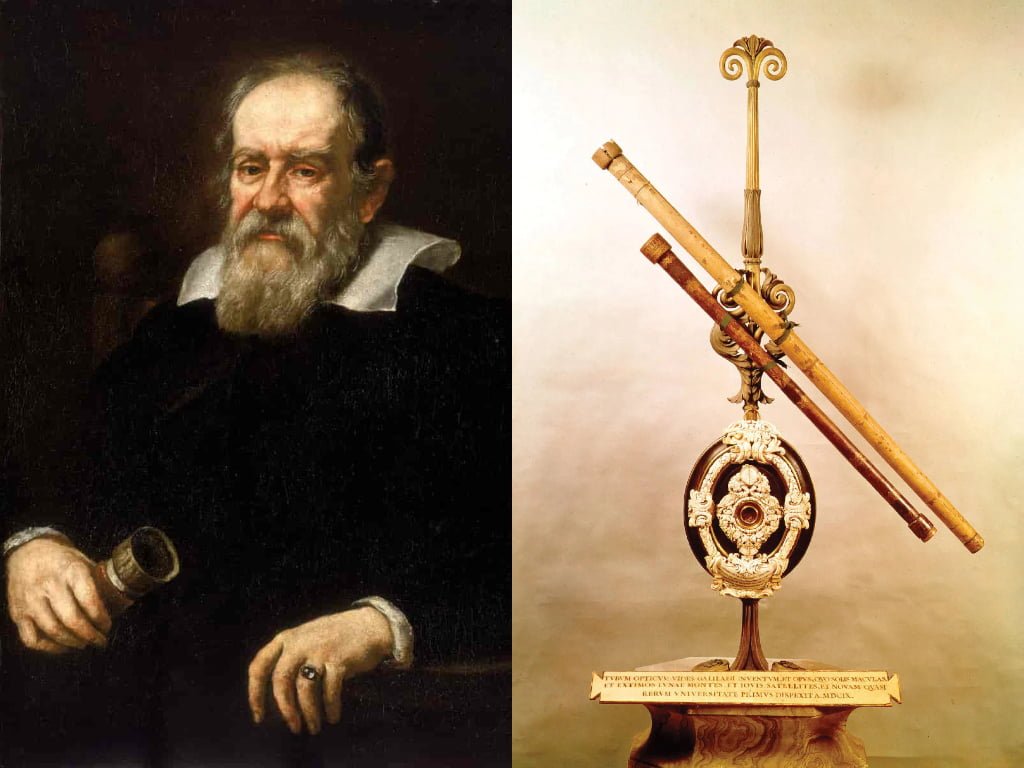Galilée et deux de ses jumelles astronomiques