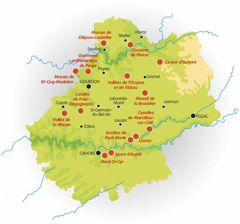Carte des principaux Espaces naturels Sensibles (ENS) du Lot