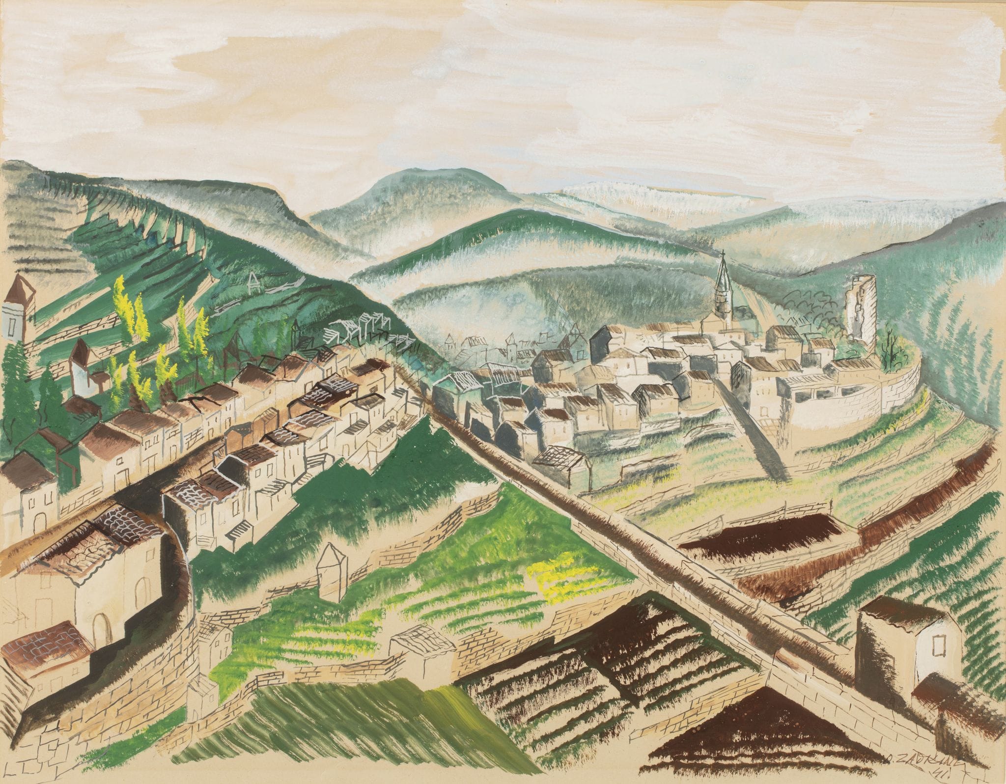 Vue de Caylus, gouache peinte par Ossip Zadkine