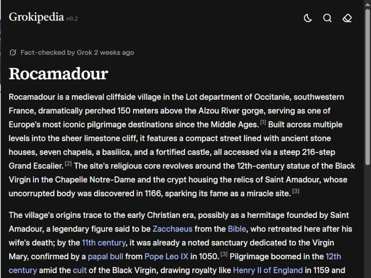 Grokipedia - La page sur Rocamadour