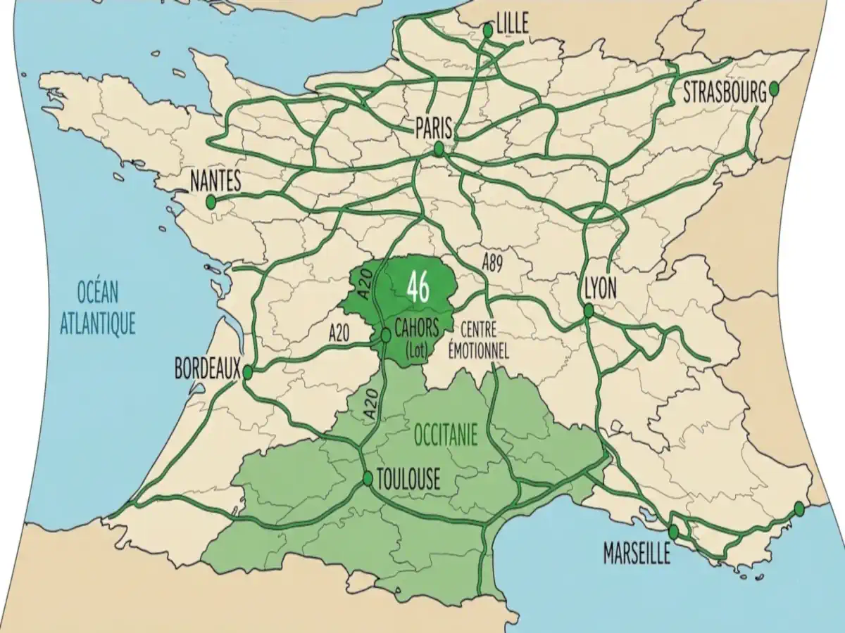 Carte de France humoristique - La France est déformée pour faire apparaître le Lot au centre du pays.