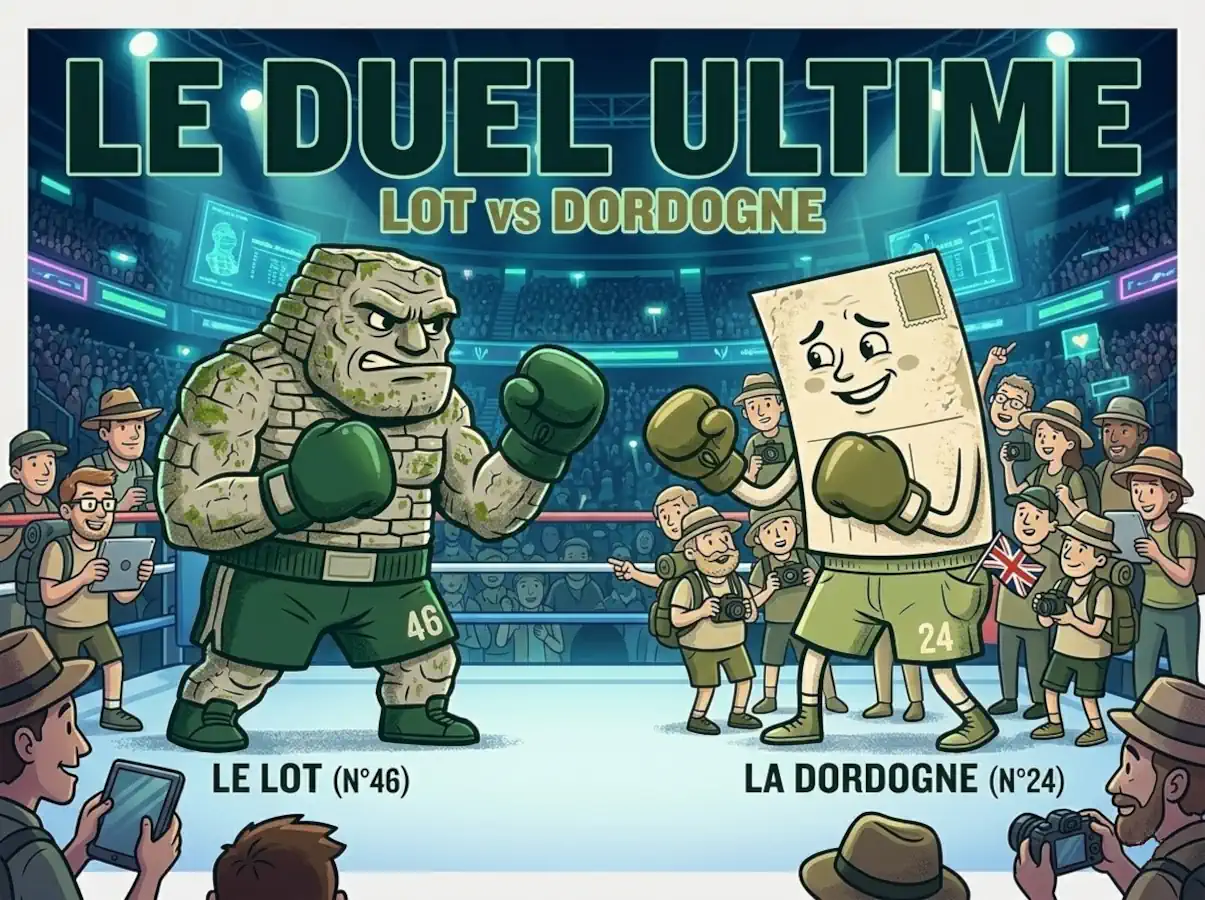 Affiche de combat virtuel entre deux personnages fictifs représentant le Lot (le 46) et la Dordogne (le 24).