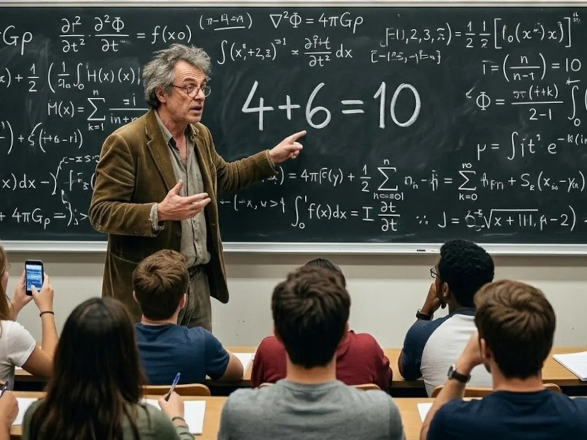 Professeur de mathématiques illustrant 4+6=10