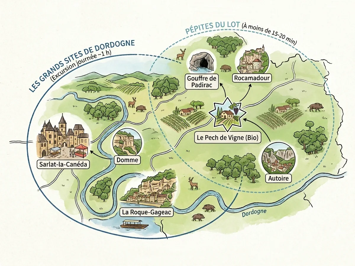 Carte géographique situant le gîte Le Pech de Vigne entre les sites du Lot (Rocamadour, Padirac) et de la Dordogne (Sarlat).