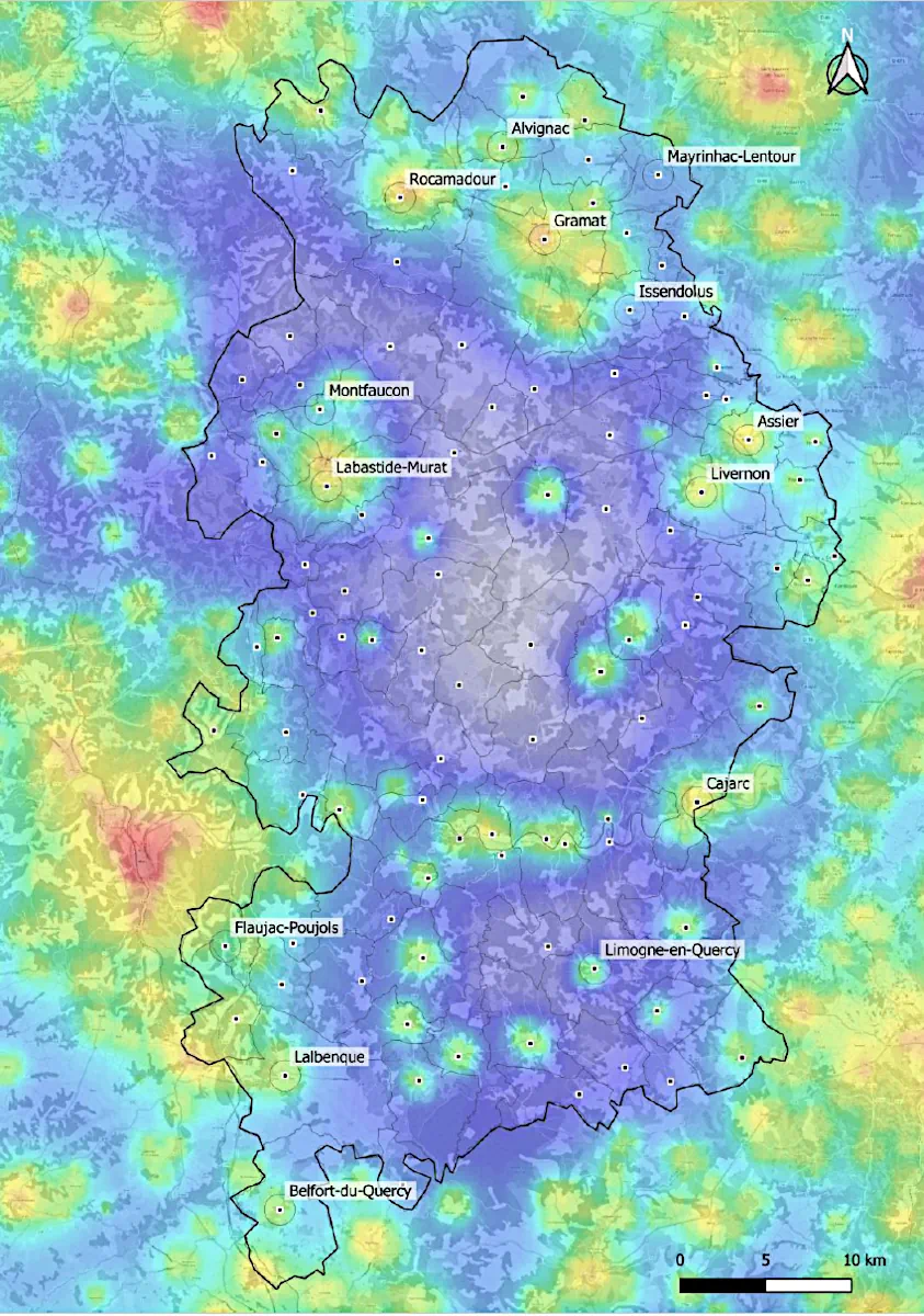 Étude de la pollution lumineuse des causses du Quercy (carte DarkSkyLab - 2021)