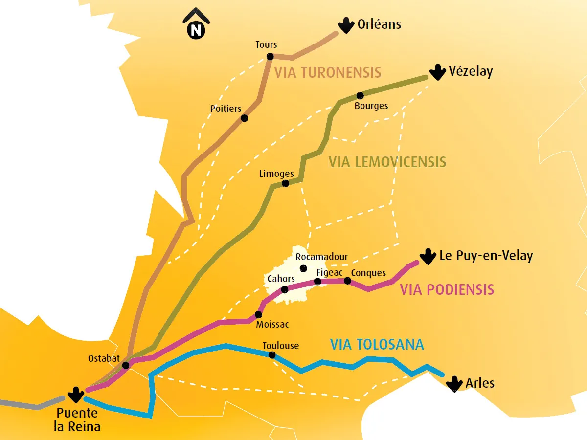 Carte des chemins de Compostelle - La via podiensis traverse le département du Lot.