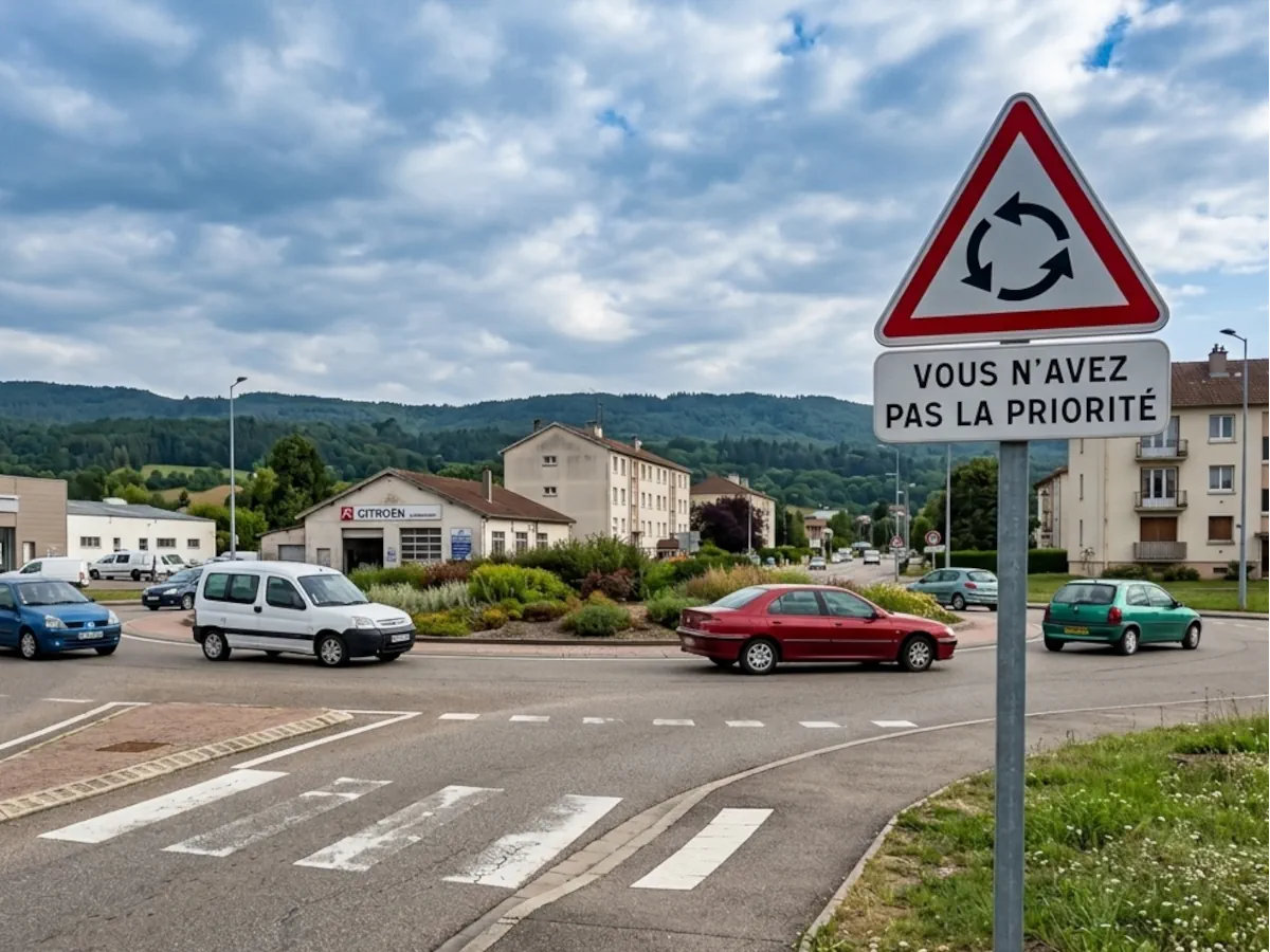 Le panneau de carrefour à sens giratoire et panonceau "Vous n'avez pas la priorité" (supprimé en 2002)