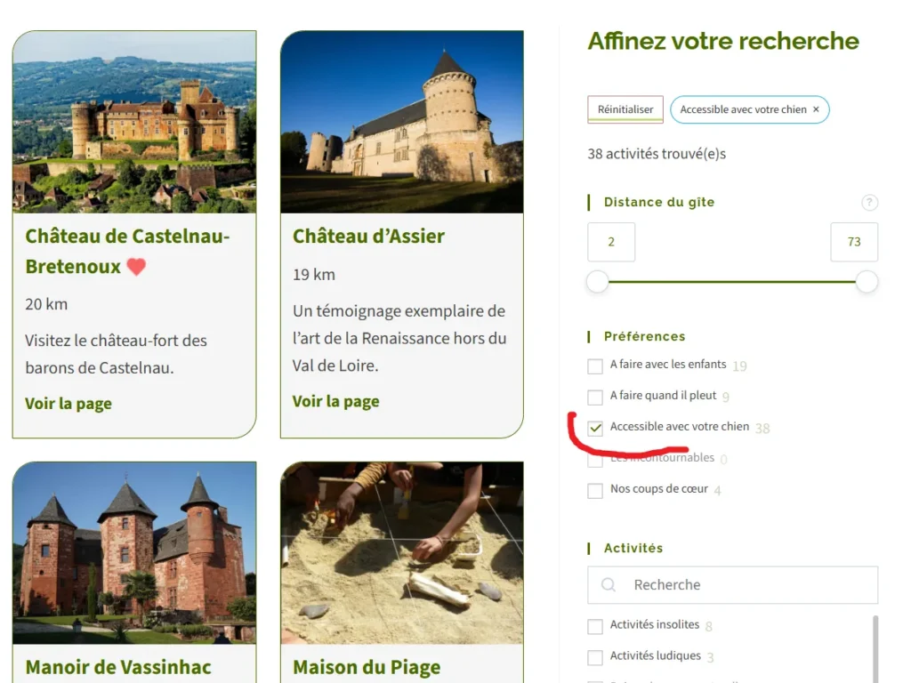 Sélecteur d'activités du Pech de Vigne avec l'option "chien" cochée